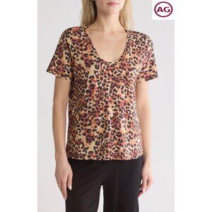 AG ADRIANO GOLDSCHMIED HENSON ANIMAL PRINT STRETCH UNTAMED CAMO COGNAC TEE. SZ M